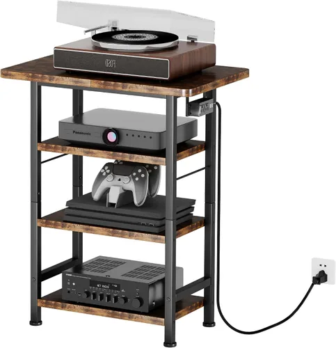 Vista 3 de Homeiju Soporte multimedia AV de 4 niveles con toma de corriente, soporte de madera para tocadiscos, centro de entretenimiento con estantes