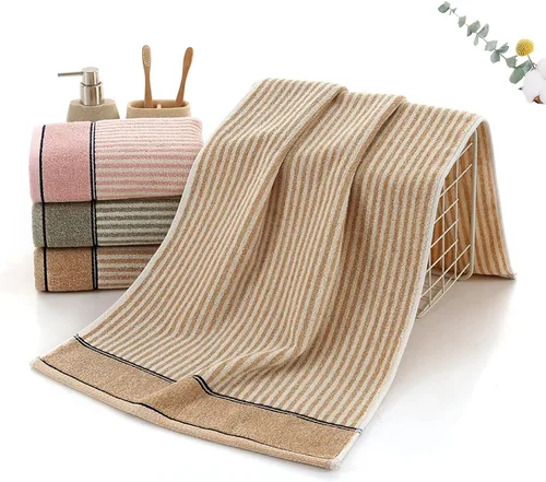 Vista 2 de Pidada Juego de 2 toallas de mano 100% algodón con patrón de rayas absorbentes suaves toallas decorativas para baño (marrón)