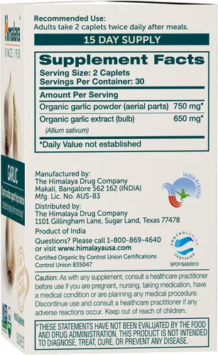 Vista 2 de Himalaya Ajo orgánico, para la salud total del corazón, colesterol y apoyo inmunológico, 1.400 mg, 60 cápsulas, suministro de 15 días