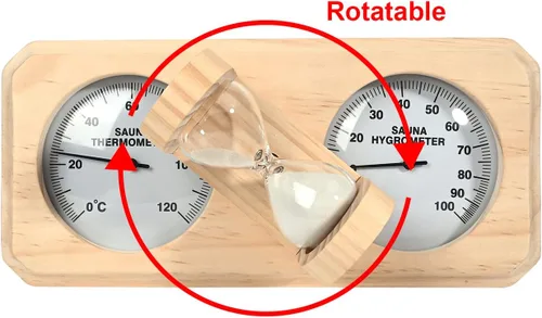 Vista 8 de ikare Termómetro e higrómetro para sauna 3 en 1 de madera con temporizador de arena de reloj de arena de 15 minutos, accesorios de pared para sauna