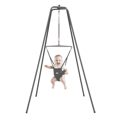 Vista 9 de Jolly Jumper Elite (Grey Safari) Ejercitador para Bebé - Marco Resistente, Saltador para Bebé con Soporte de 6 Pies de Alto, Asiento de Sillín