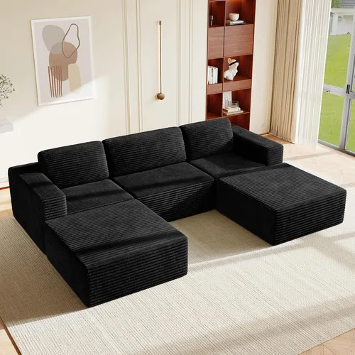 Vista 65 de Vesgantti Sofá modular en forma de U de 119 pulgadas, sofá modular de pana con asiento profundo y soporte de resortes, sofá convertible con 2 Beige