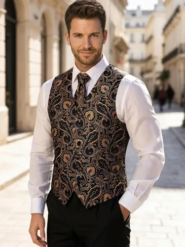 Vista 6 de DiBanGu Conjunto de 5 chalecos de seda con corbata y corbatín para hombre Paisley oro negro