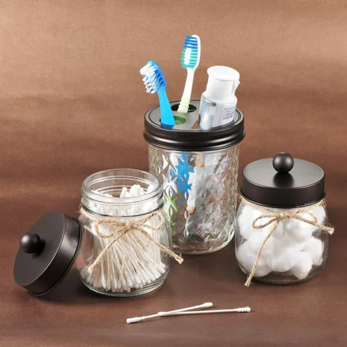 Vista 4 de SheeChung Tarros pequeños con tapas, juego de soportes Qtip, tarros de baño, organizadores de baño y almacenamiento para Q-tips, algodón, hilo