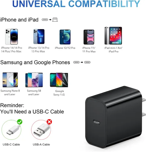 Vista 6 de Cargador para iPhone de carga rápida USB C, cargador tipo C, carga iPad con cable de carga C de 6 pies, compatible con iPhone14/14 Pro Negro