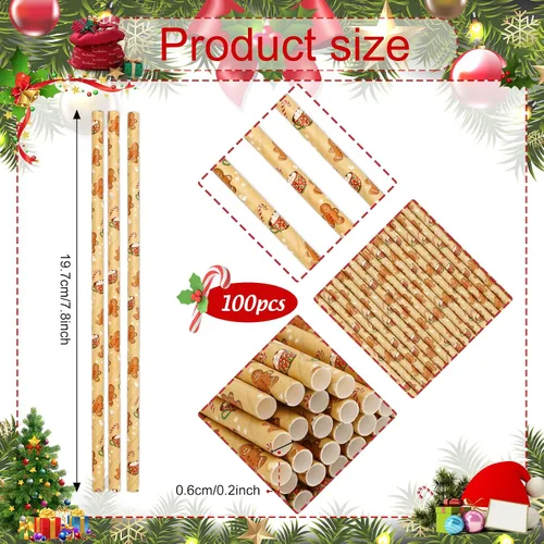 Vista 2 de 200 popotes de Navidad para hombre de jengibre, pajitas de papel desechables de Navidad marrones para bebidas y decoraciones de cócteles