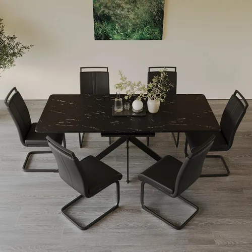 Vista 32 de Mesa de comedor de mármol para 4-8, mesa de comedor extensible de 62.4 a 78.15 pulgadas, mesa de cocina moderna, mesa rectangular que ahorra espacio
