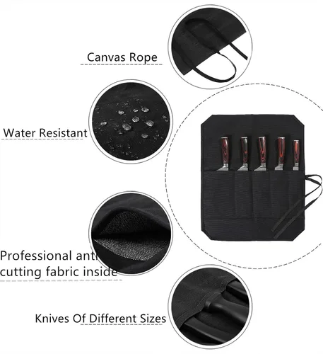 Vista 4 de Denifiter Bolsa enrollable para cuchillos de chef con 5 ranuras, rollo de cuchillo de lona de cera con tela profesional anti corte