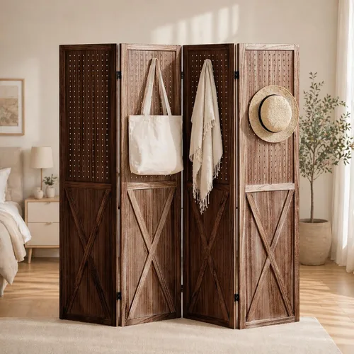 Vista 9 de Divisor de Habitación de Madera con Tablero Perforado de 4 Paneles, Pantalla de Privacidad Plegable con Exhibidor de Tablero Perforado de 5.6 Pies