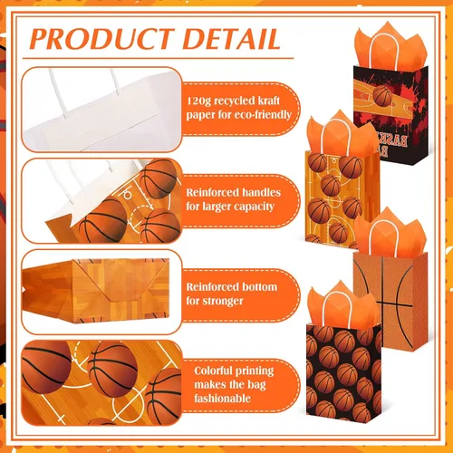 Vista 3 de Aoriher 24 bolsas de regalos de fiesta de baloncesto con papel de seda, bolsas de dulces de baloncesto, bolsas de regalo de pelota deportiva
