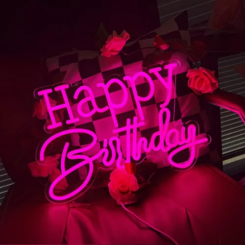 Vista 7 de Letrero de neón LED rosa de feliz cumpleaños, luz nocturna para decoración de pared, fiesta, dormitorio, habitación, bar, boda, hogar, cumpleaños
