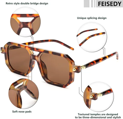 Vista 6 de FEISEDY Gafas de sol vintage cuadradas de los años 70, estilo aviador, para mujeres y hombres, marco clásico, retro, elegante, UV400, B2622