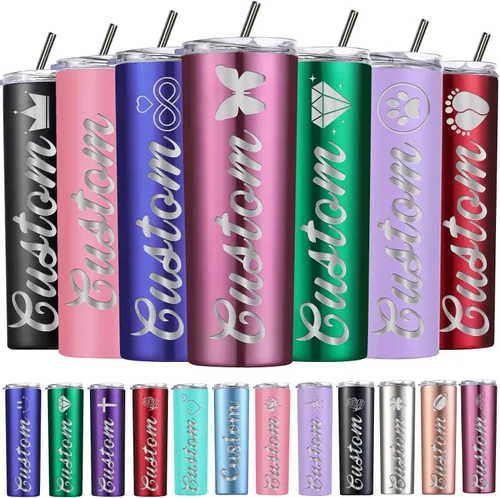 Vista 17 de Vasos delgados personalizados con tapas y pajitas, vaso delgado de acero inoxidable grabado con láser, vasos personalizados con nombre de 20 onzas