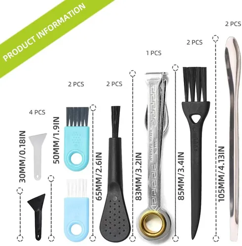 Vista 3 de Kit de limpieza negro con herramientas 3 en 1 y caja de almacenamiento - 4 raspadores, 6 cepillos (3 tipos), 2 cucharas, tarro de plástico