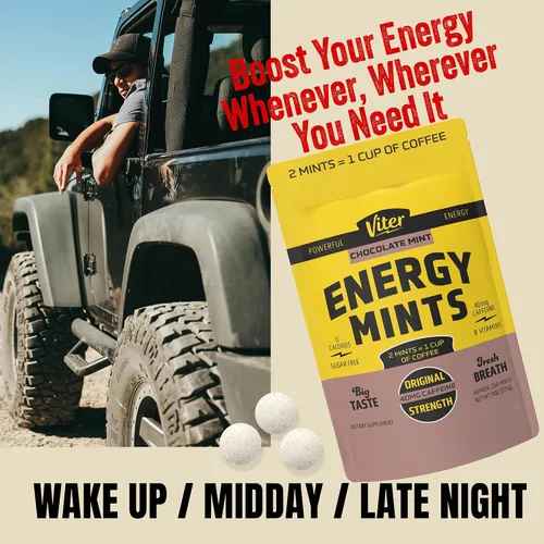 Vista 3 de Viter Energy Mentas de cafeína de 40 mg, sin azúcar, vitaminas B, veganas, aumenta el enfoque de alerta energizado rápido, píldoras de suplemento