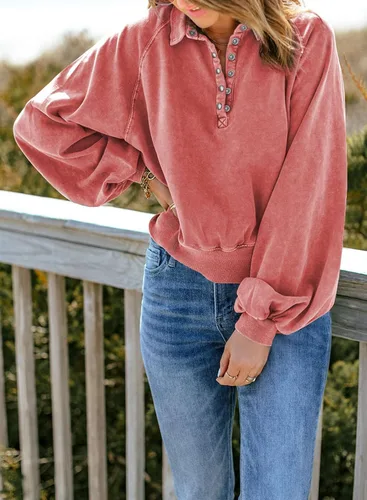 Vista 5 de Dokotoo Sudaderas de gran tamaño con cuello de botón para mujer, manga de farol, holgadas, para mujer