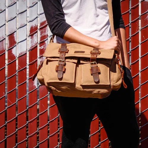 Vista 2 de Bolsa de mensajero para portátil vintage, de lona, de cuero, bandolera, bolso de hombro para computadora, viaje, oficina, bolso de mensajero