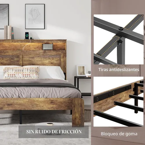 Vista 6 de Armazón de cama de madera tamaño King con cabecero - Plataforma de cama rústica estilo granja con soporte de listones de metal, resistente y sin