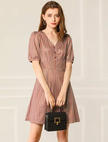Vista 4 de Allegra K Mini vestido de mujer con mangas de linterna con cuello en V y botón de decoración en una línea