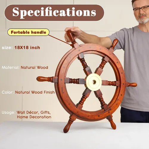 Vista 2 de Bhartiya Handicrafts Rueda de barco náutico para decoración de pared, volante de barco pirata de madera rústica con cubo de latón, rueda de capitán
