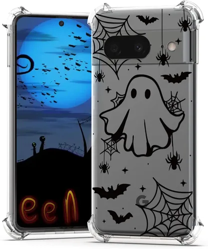 Vista 16 de Funda de Halloween para Google Pixel 6A transparente con diseños de murciélagos fantasmas, funda para teléfono para niñas, elegante, delgada, a