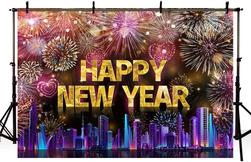 Vista 4 de AIBIIN Telón de fondo de 7 x 5 pies con texto en inglés «Happy New Year» 2026, noche de la ciudad, víspera de Año Nuevo, grandiosos fuegos Fuegos