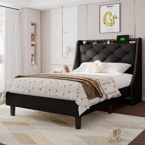 Vista 12 de Feonase - Base de cama tamaño completo con respaldo de alas de lujo y estación de carga rápida, base de cama tapizada con botones y cabecera