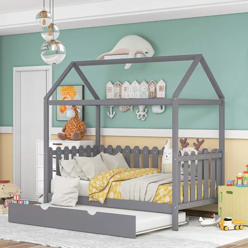 Vista 10 de Cama de madera maciza tamaño individual con techo, nido, 3 cajones de almacenamiento, sofá cama de plataforma para muebles de dormitorio, sala