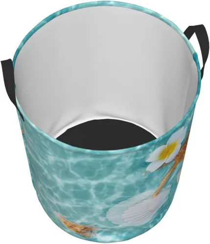 Vista 3 de Cesta de lavandería con diseño de estrellas de mar y flores, impermeable, plegable, con asa duradera, cesta de almacenamiento de ropa sucia redonda