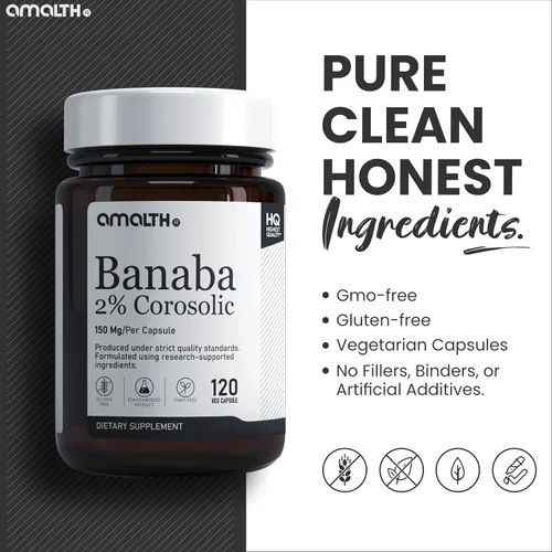 Vista 6 de AMALTH Cápsulas de extracto de hoja de banaba de 150 mg Suplemento de ácido corosólico al 2% Banaba Extracto de lagerstroemia Speciosa
