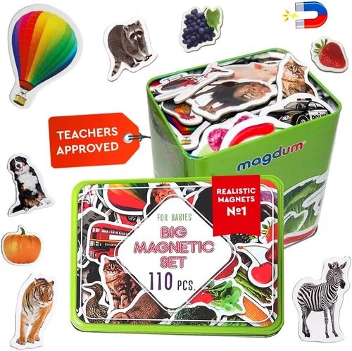 Vista 12 de Imanes de nevera para niños pequeños – magdum – Juego de 85 juegos zoológico + granja + fruta + verdura – Animales magnéticos reales
