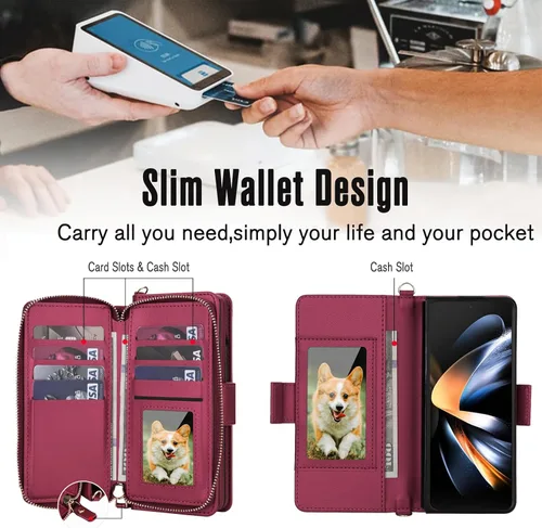 Vista 3 de Compatible con Samsung Galaxy Z Fold 3 5G 2021 - Funda tipo cartera con cremallera y bloqueo RFID, correa para tarjetero, ranuras para tarjetas Rojo