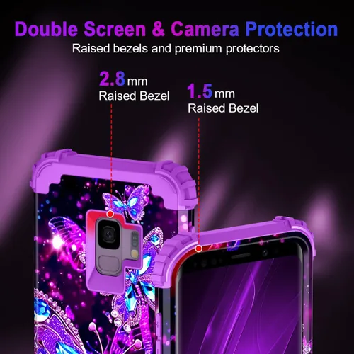 Vista 4 de Miqala Funda para Galaxy S9, brilla en la oscuridad, tres capas, resistente, a prueba de golpes, protección de cuerpo completo, parachoques