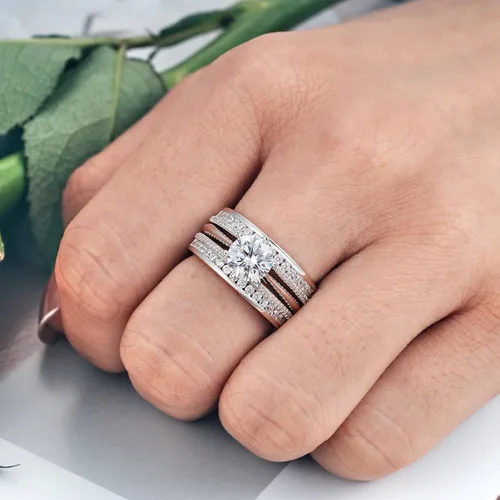 Vista 4 de Blongme Juegos de anillos de boda de catedral y clásicos para mujeres, plata esterlina 925, conjunto de anillos nupciales realzador, circonita
