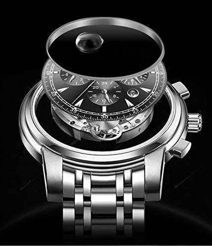 Vista 3 de LOREO Reloj de hombre automático multifunción de zafiro plateado de acero inoxidable con fecha, esfera negra, resistente al agua