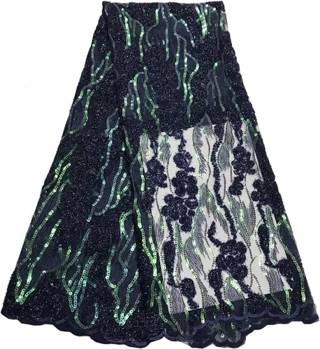 Vista 4 de Tela de encaje de lentejuelas elegante bordado floral africano encaje purpurina nigeriana tul red para coser vestido de novia, 5 yardas, verde