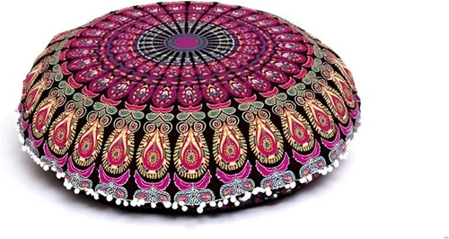Vista 34 de CRAFT KALA Funda de cojín redonda grande de 32 pulgadas para el suelo bohemio, funda de puf boho, funda de cojín de mandala para meditación, cojines