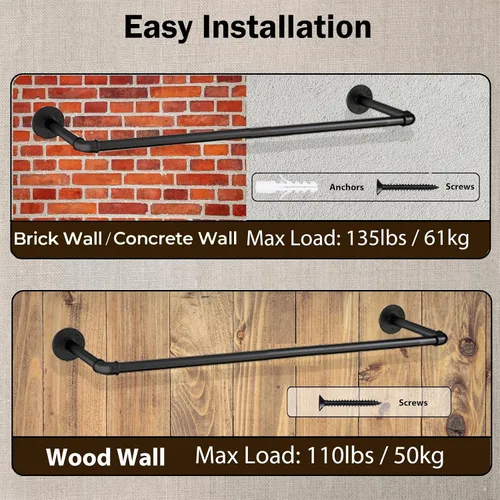 Vista 3 de Perchero de pared de 21.06 pulgadas, perchero industrial para montaje en pared, perchero de hierro resistente, barra colgante multiusos ahorradora