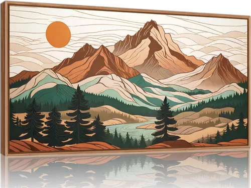 Vista 29 de Tinonedraw Arte de Pared en Lienzo Enmarcado de Paisaje de Montaña Beige, Decoración de Pared Moderna Abstracta de Mediados de Siglo, Arte de Lago