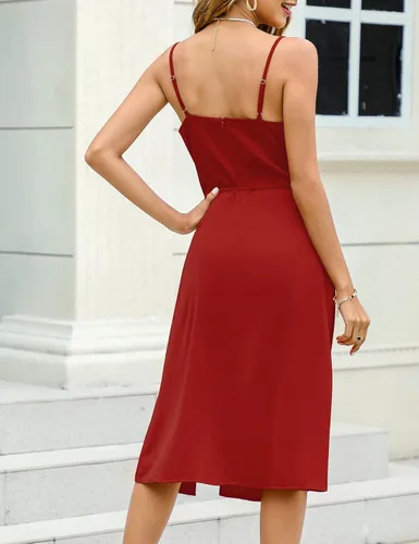 Vista 4 de KOJOOIN Vestido de satén con cuello redondo y cinturón para mujer, con tirantes delgados, vestido de fiesta de cóctel, sin mangas, vestido midi