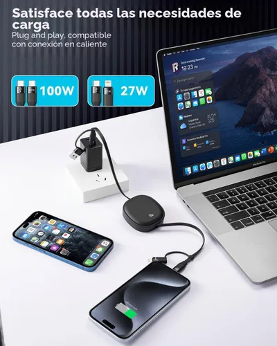 Vista 2 de Cable USB Tipo C Retráctil 5 en 1 de 100W, Paquete de 2 Cables de Carga Múltiple 5A Cable de Carga Rápida Cable USBC con USB A+C a L/C Accesorios