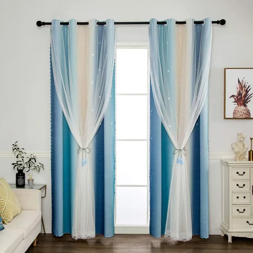 Vista 3 de vctops Cortinas opacas con diseño de rayas degradadas para ventana, de doble capa, de tul, cortinas recortadas con estrellas para dormitorio de Azul