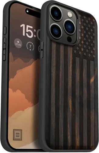 Vista 15 de Carveit - Funda de madera para iPhone 15 Pro Max, la clásica bandera americana, color cereza Magnetic iPhone 15 Pro Max Case Compatible with