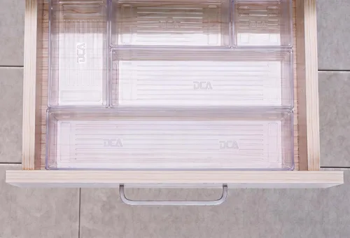 Vista 4 de Bandeja organizadora de 14 cajones de plástico transparente para maquillaje, utensilios de cocina, joyas y accesorios