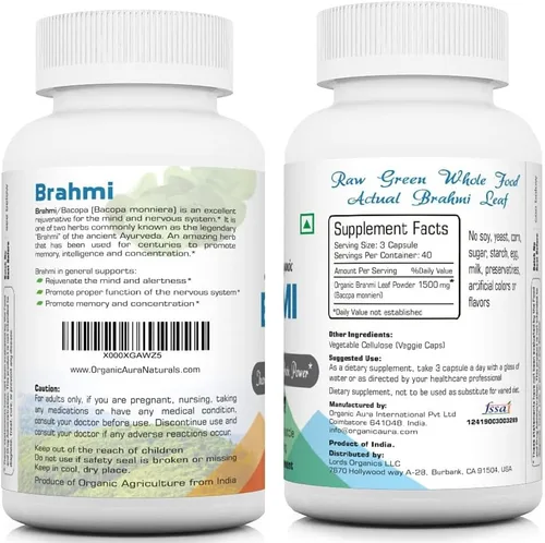 Vista 2 de Organic Aura Cápsulas Brahmi -120 unidades. Fortalece y aumenta naturalmente la inmunidad y la memoria. Superalimento verde entero. Sin OMG, sin