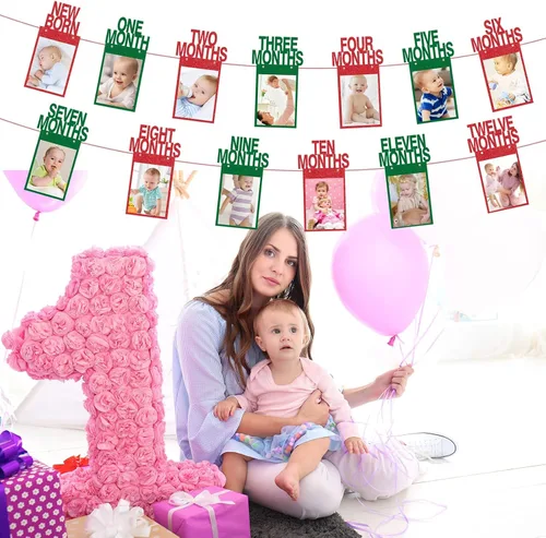Vista 6 de Cartel de fotos de Navidad para el primer cumpleaños, pancarta de fotos con purpurina para recién nacidos a 12 meses, fotografía de hitos mensuales
