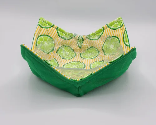 Vista 4 de Cuenco reversible para microondas con diseño de rayas de lima, color amarillo, verde, brillante, ropa de cocina tropical, hecha a mano, inauguración
