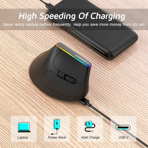 Vista 7 de LIZRROT Mouse ergonómico inalámbrico, mouse vertical RGB, 800-1600 DPI, 6 botones recargables 2.4G USB mouse para laptop, escritorio, PC, MacBook