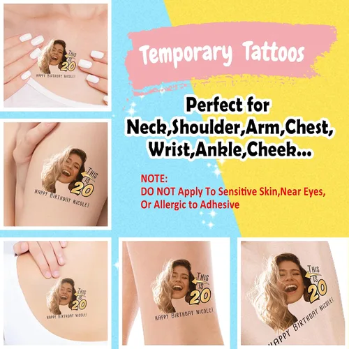Vista 3 de Tatuajes temporales personalizados, tatuajes faciales personalizados para cumpleaños, boda, despedida de soltera, 1 juego de 15 tatuajes