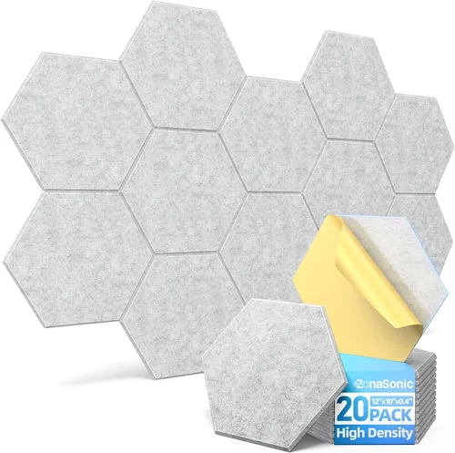 Vista 17 de Paquete de 12 paneles acústicos hexagonales con autoadhesivos, paneles de espuma a prueba de sonido de 12 x 10 x 0.4 pulgadas para paredes, paneles